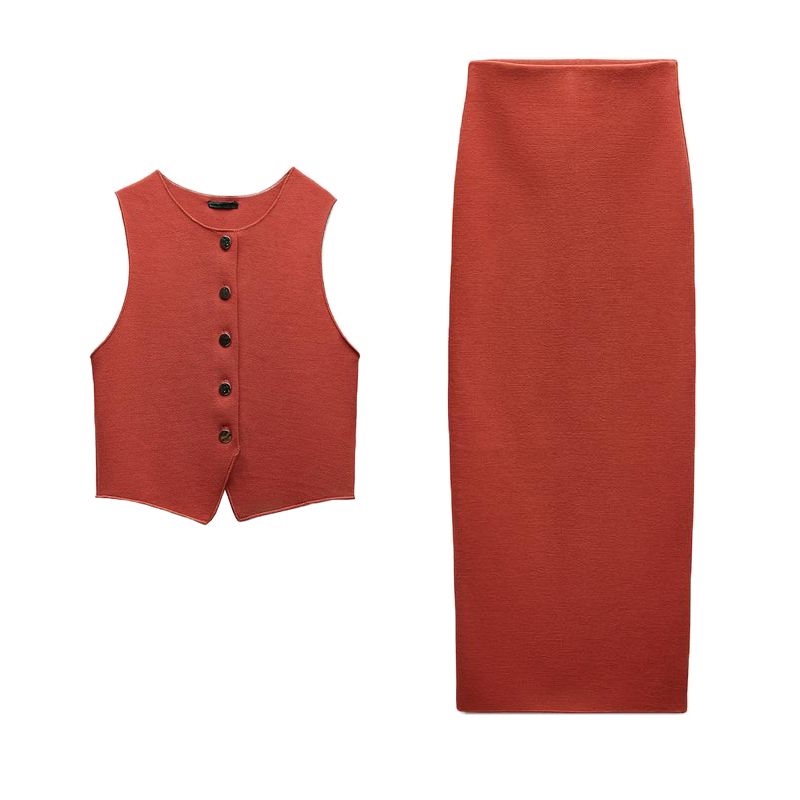 Spring Decorated Row Button Stretch Knitting Vest 5584664 Slit Design Knitting Midi Dress for Women 5584665