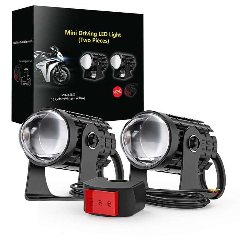 2PCS motocyklový světlomet se spínačem Bílo-žlutý motocyklový LED reflektor s vysokým jasem pomocné osvětlení SUV světlomet do mlhy