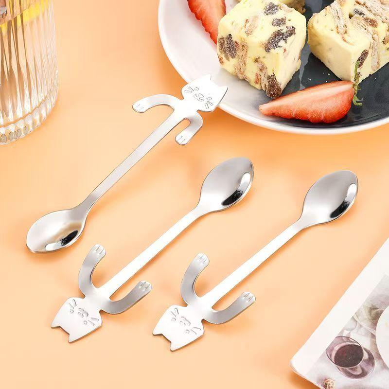 4PCS Creative Cat Shaped Coffee Spoon 304 Stainless Steel Spoon Stirring Sugar Dessert Cup-hanging Design Teaspoon Christmas