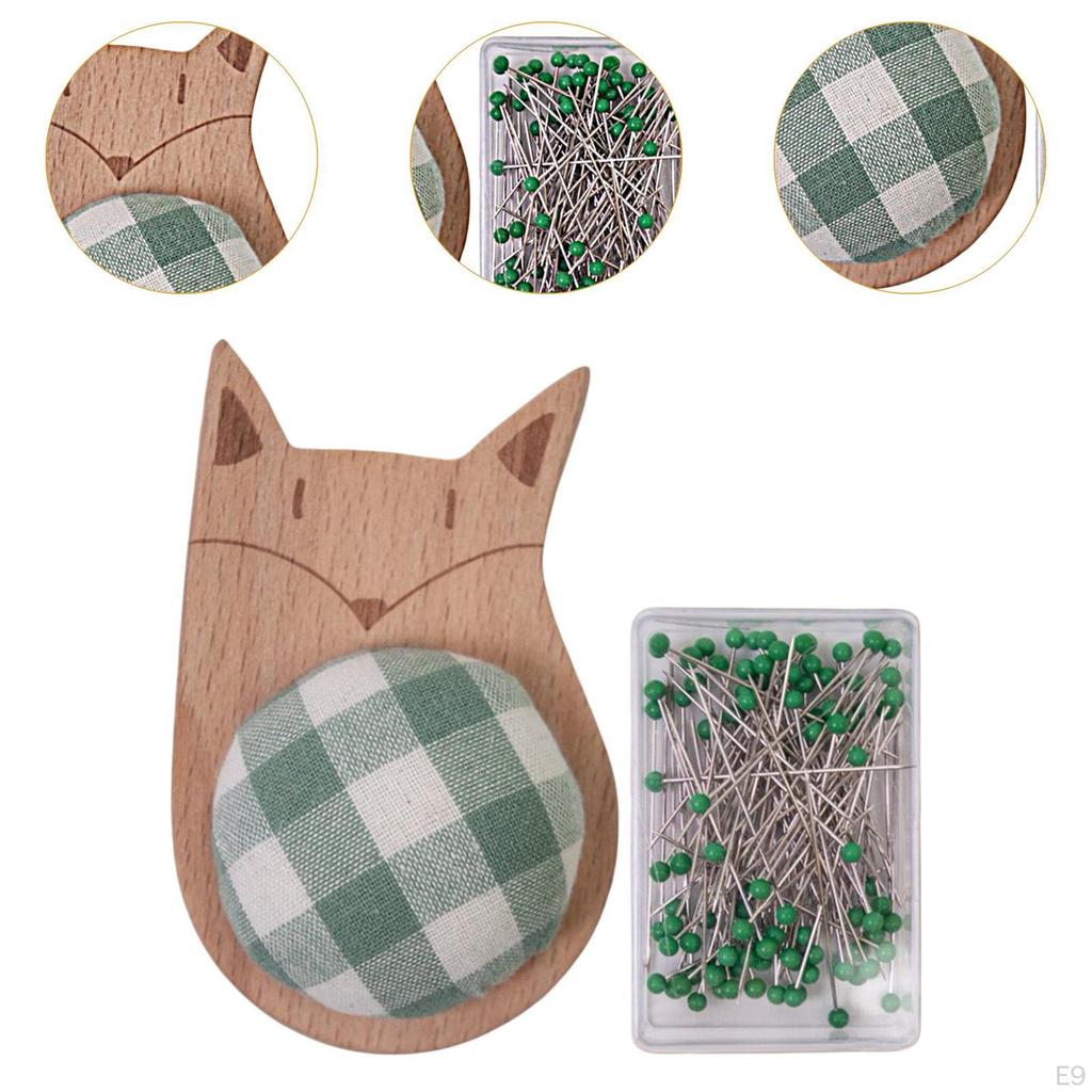 Cute Pin Cushion with Pins Ball Head Sewing Set DIY Craft Accessories Small Wooden Base