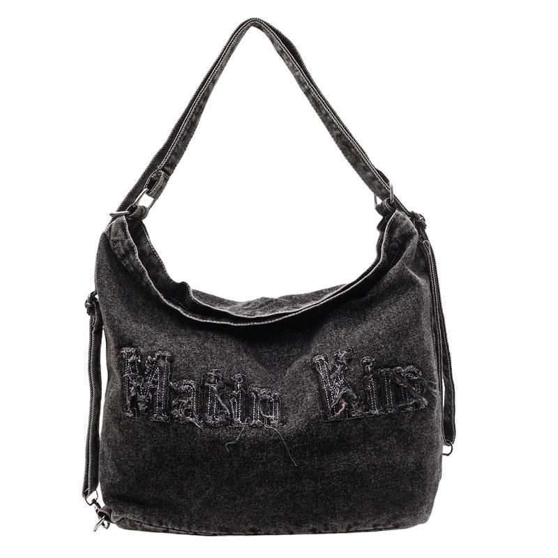 

Новая ретро джинсовая сумка-тоут с вышивкой букв, с необработанным краем, с эффектом стирки, большой вместимости, на плечо, женская чёрный