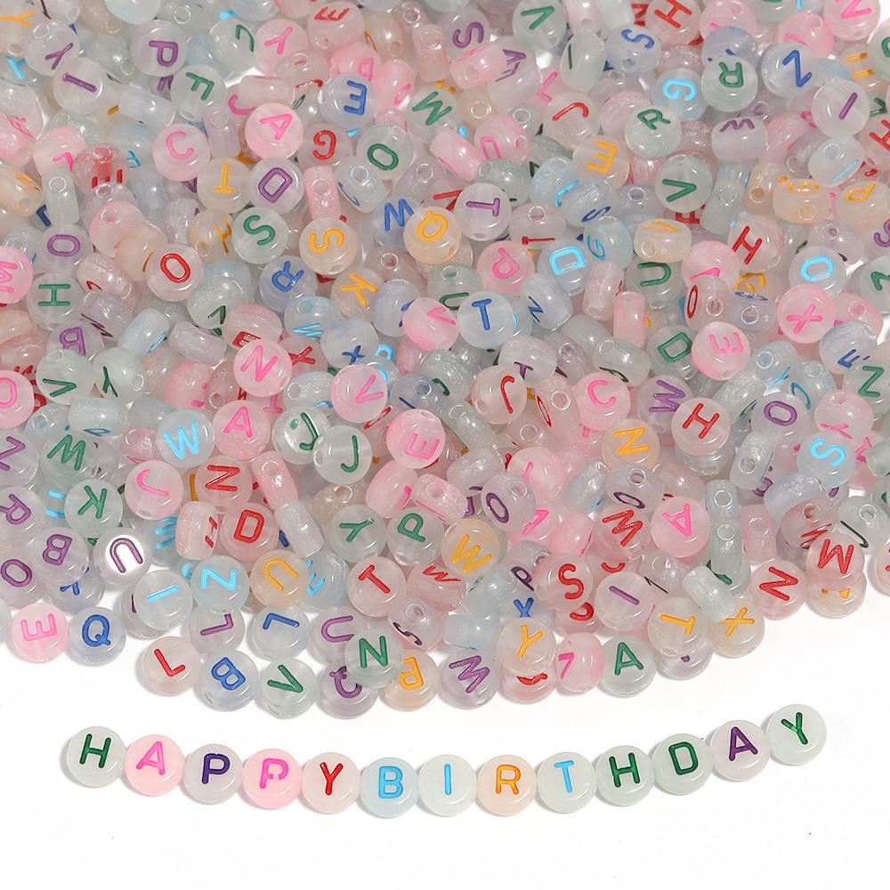 100Pcs/Lot 7mm Acrylic Luminous Beads Translucent Colorful Letter A-Z Flat Round Beads Diy Fashion Bracelet Necklace  Jewelry