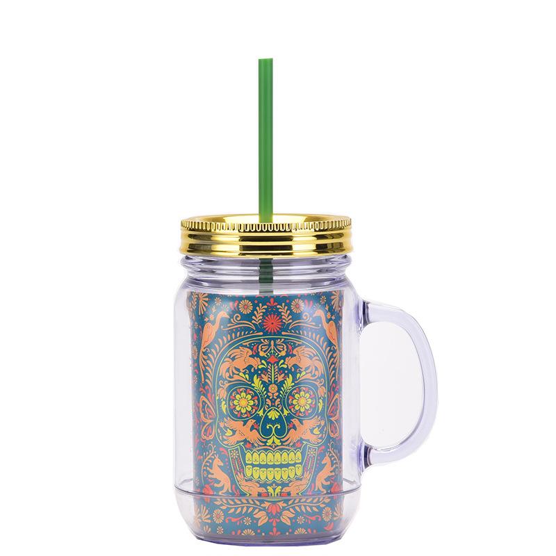 Double Plastic Cup Colored Skull Halloween Party Water Cup Portable Creative Straw Cup