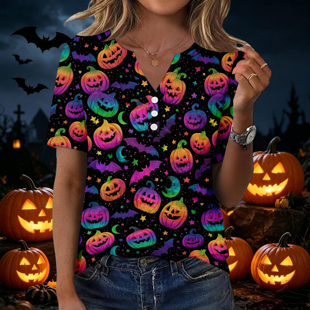 Womens Casual Halloween V Neck Short Sleeve Button T Shirt Spider Web Print Lightweight Top for Fall Seasonal Wear