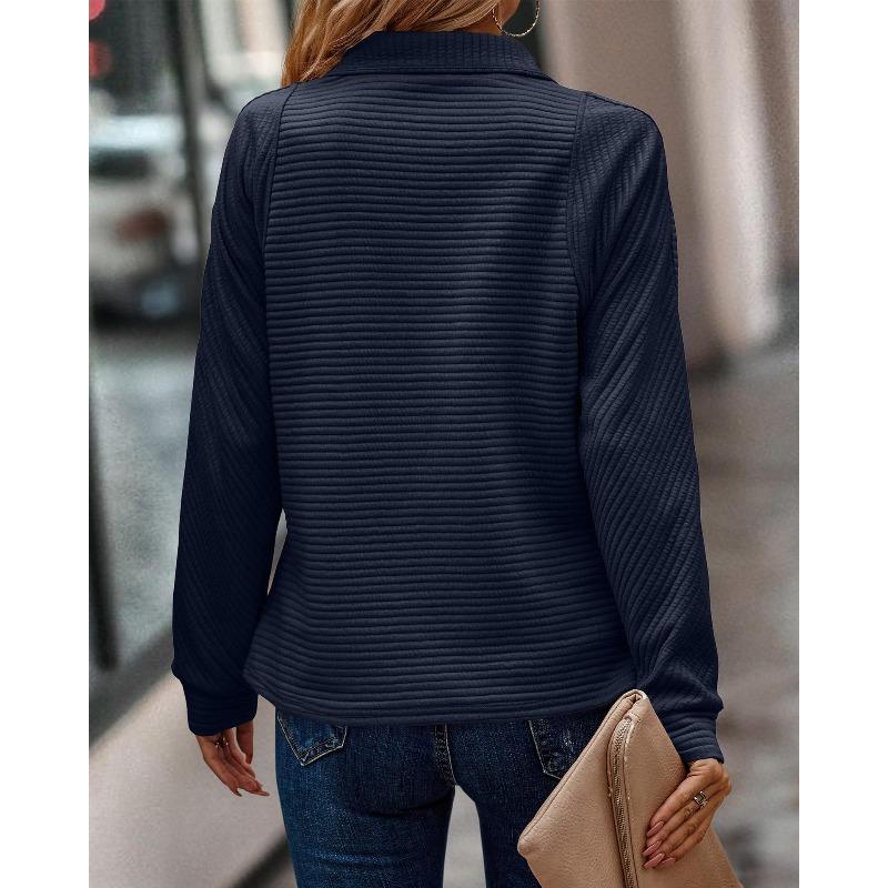 VEZFAA Women's Fashion Casual Spring Autumn Stripe Print Long Sleeve POLO Neck Blouses & Shirts
