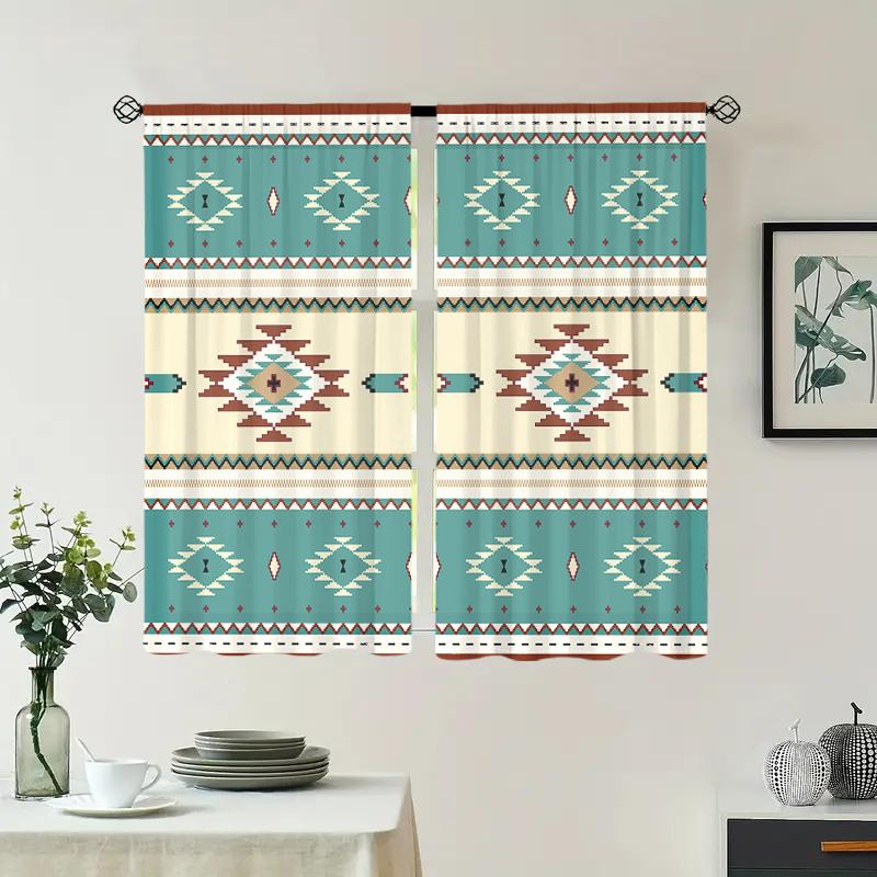 2 Stück, Retro-Vorhänge im geometrischen Ethno-Stil mit Aztekenmotiv – halbtransparent – geeignet für Wohnzimmer, Schlafzimmer, Küche, Heimdekoration