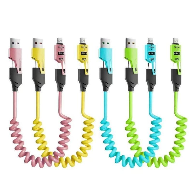 1PC car spring data cable 65W telescopic four-in-one fast charging, suitable for Huawei Apple 15/16 universal charging cable