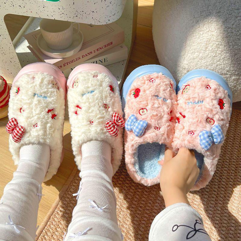 Damen Winter Baumwollpantoffeln mit dicker Sohle: Süße Schleife, Flauschig, Warm, Rutschfest, Höhenverstärkend