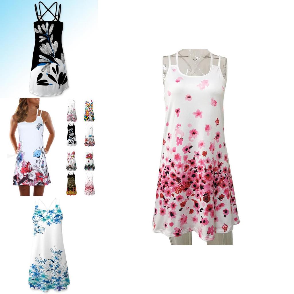Elegant Women Summer Vintage Beach Sleeveless 3d Floral Print Boho Tank Dress