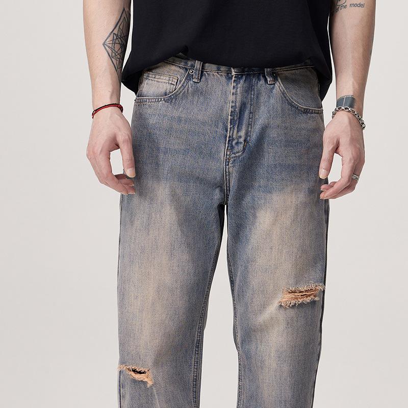Jeans men's washed old ripped non-elastic floor-mopping pants straight loose trousers retro nostalgic high street jeans