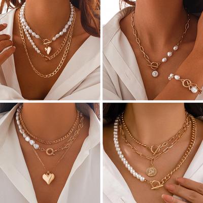 European-American Style Multi-Layer Pearl Necklace with Alloy Pendant