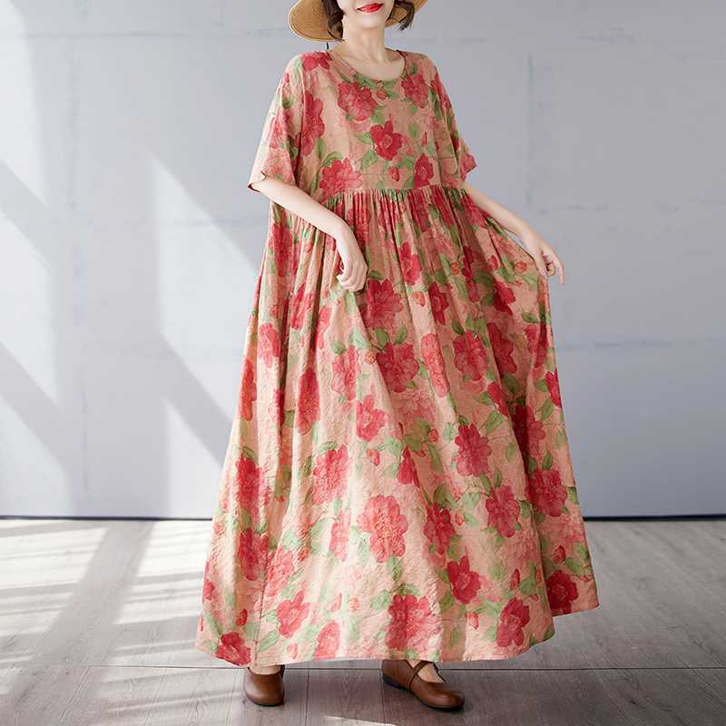 Simple and Fashionable Long Skirt Summer Short Sleeved Round Neck Printed Dress
