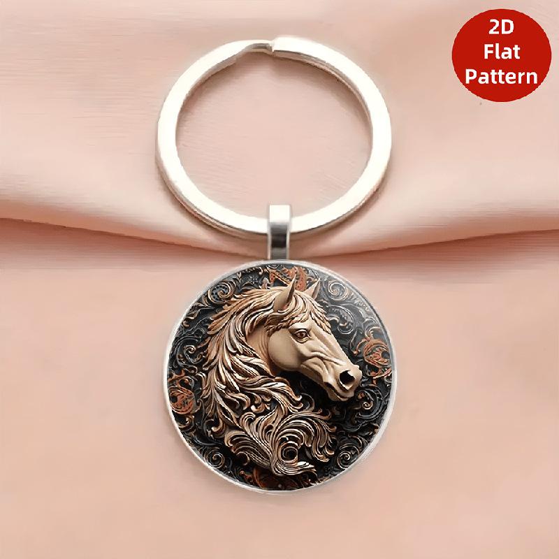 

Vintage Horse Head Pattern Dome Glass Alloy Keychain Backpack Pendant Hanging Decoration Car Keyring New Year Gift A3