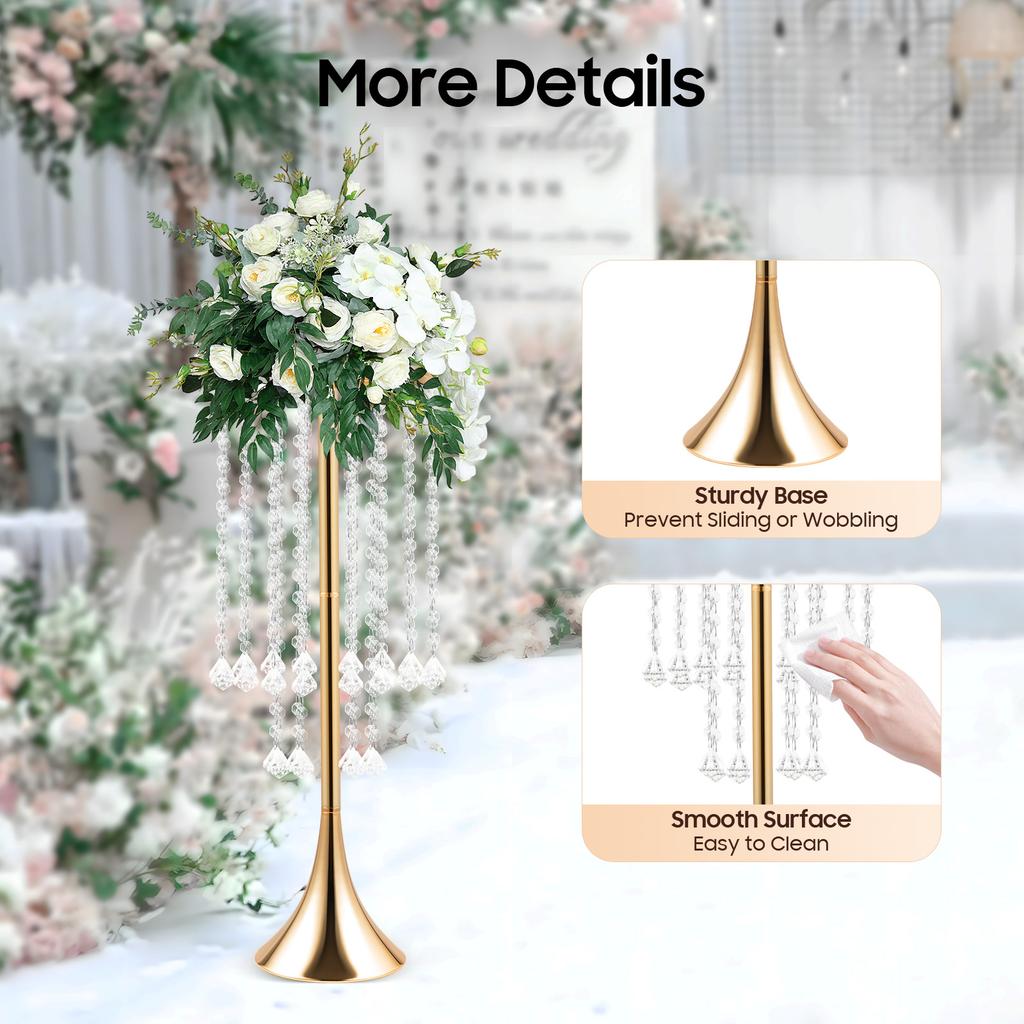 10Pcs Gold Flower Stands, 21.9 Inch Tall Wedding Centerpieces - Elegant Acrylic Crystal & Iron Floor Vases for Tabletop Decor