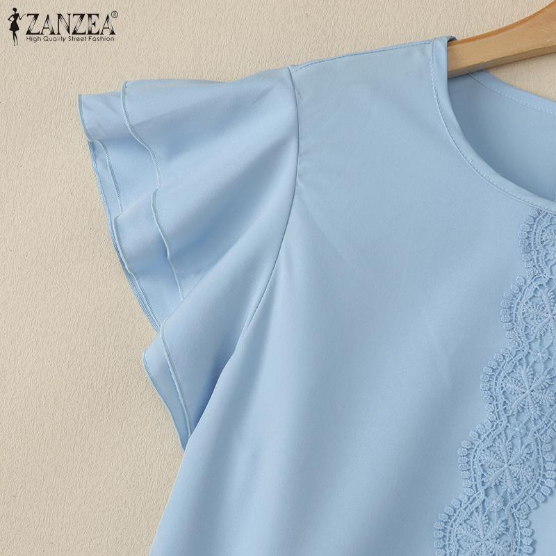 ZANZEA Blusa Casual de Verano para Mujer con Cuello Redondo y Manga Corta con Parche