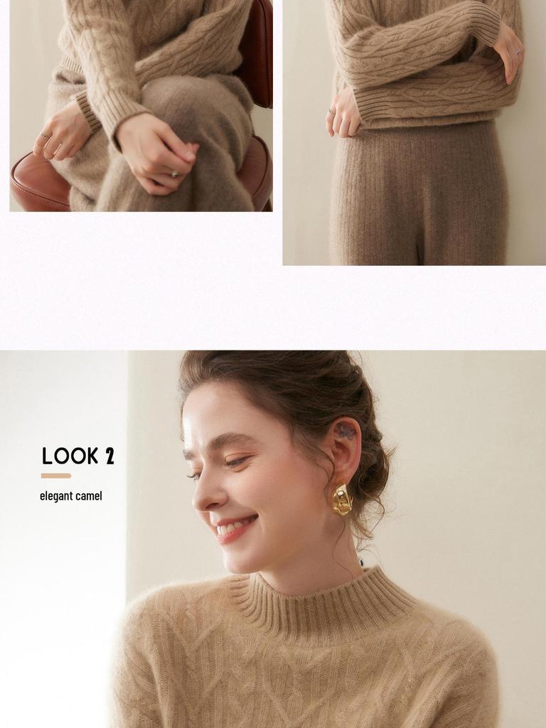 Women's Thickened Half-High Neck Cable Knit Cashmere Sweater - Soft, Versatile Autumn/Winter Pullover