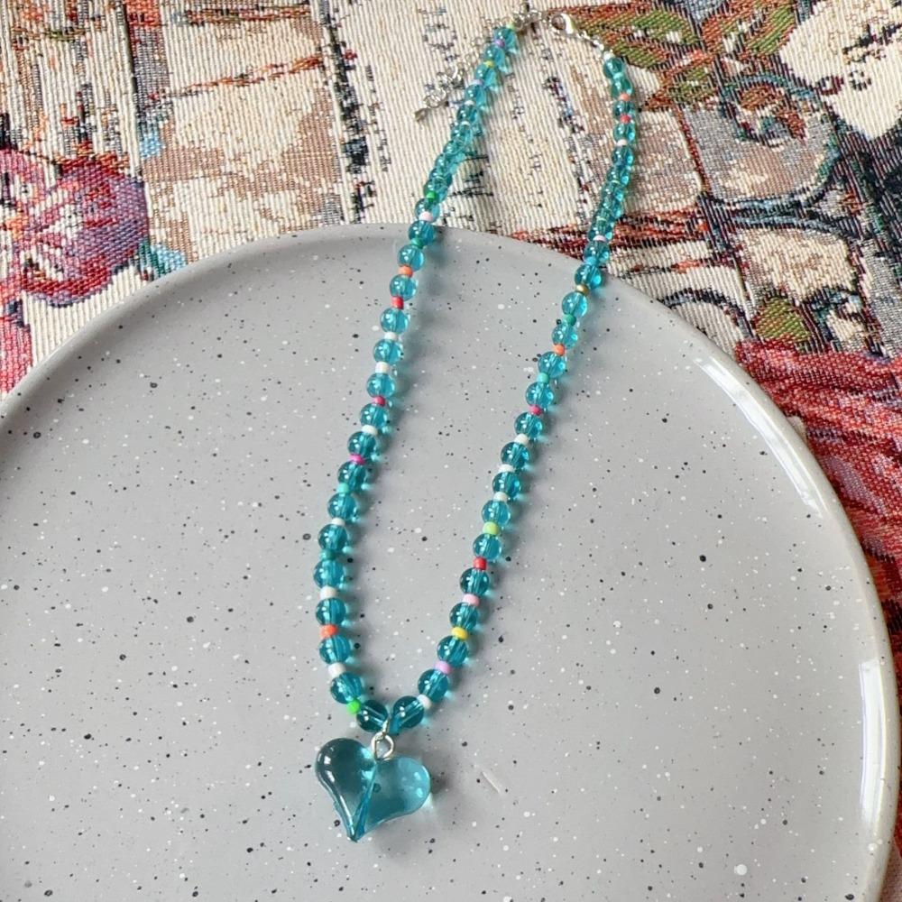 Candy Color Dopamine Heart Pendant Necklace Glass Beaded Beads Neck Chain Choker Necklace  For Girl