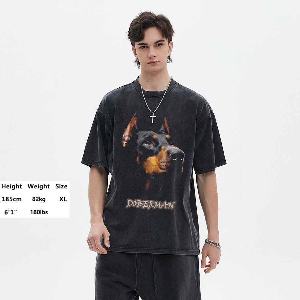 Streetwear Dobermann Graphic T-Shirt Cotton Washed Black Tshirt Unisex Tops Tees Summer Short Sleeves T Shirt