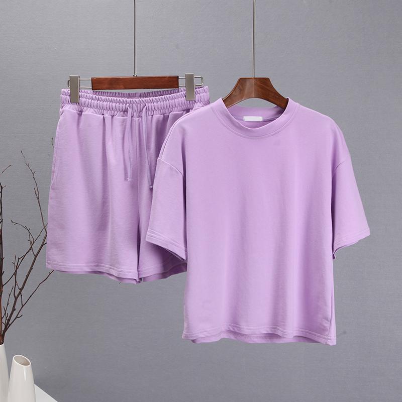 

Hirsionsan летние комплекты из 100% хлопка, женские новые повседневные свободные футболки с короткими рукавами и короткие брючные костюмы с высокой талией, женские костюмы L фиолетовый