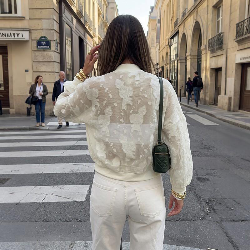 Womens Lightweight Sheer Jacquard Zip-Up Baseball Jacket Fall Winter 2026 Soft Elegant Loose Fit Long Sleeve