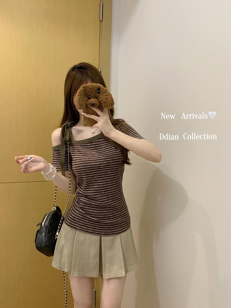 Summer Sweet & Spicy Striped Off-Shoulder Slim Fit T-Shirt for Women