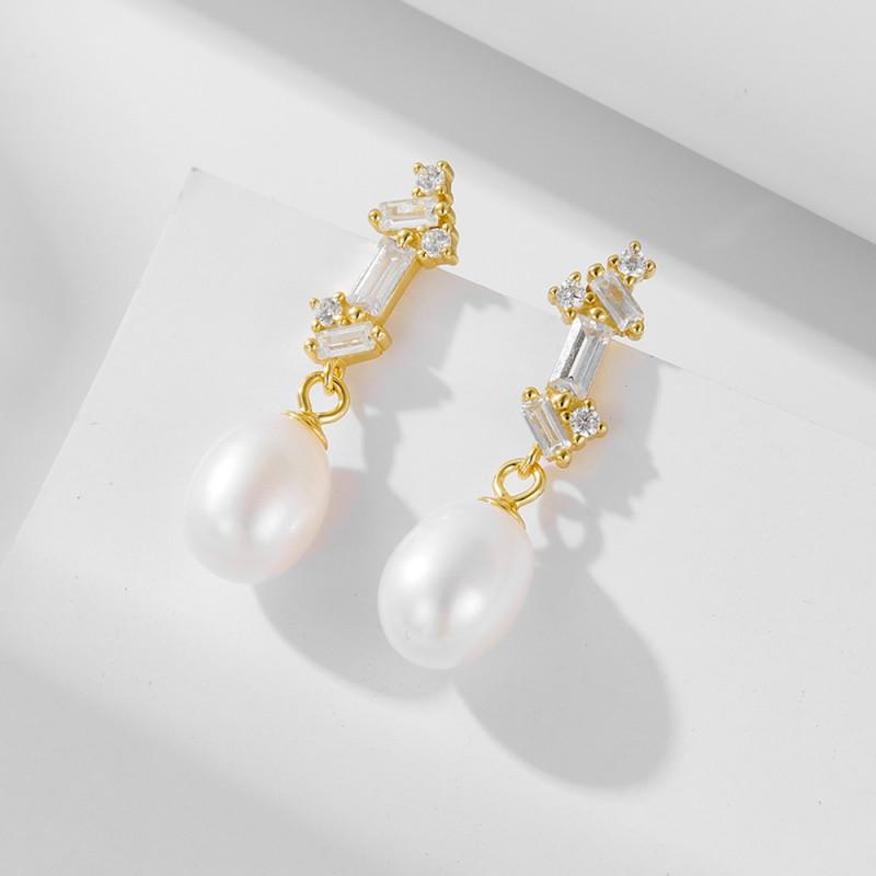 Elegant French Vintage Freshwater Pearl Drop Earrings With Square Zircon Studs Women Sterling 925 Sterling Silver