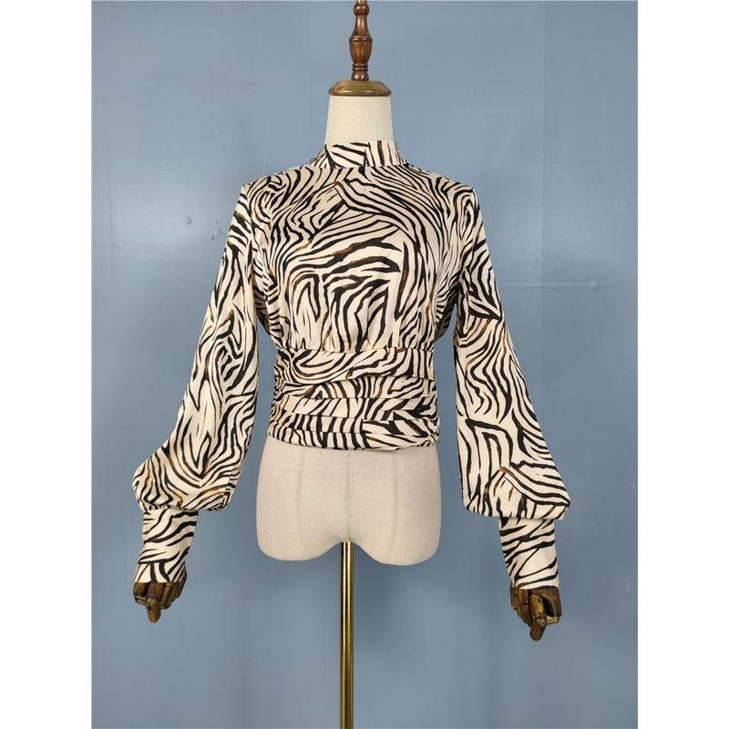

Foreign Trade Order Rjia Temperament Fashion Spring New Smooth Fabric High Quality Stand Collar Zebra Pattern Lantern Sleeve Shirts Khaki L