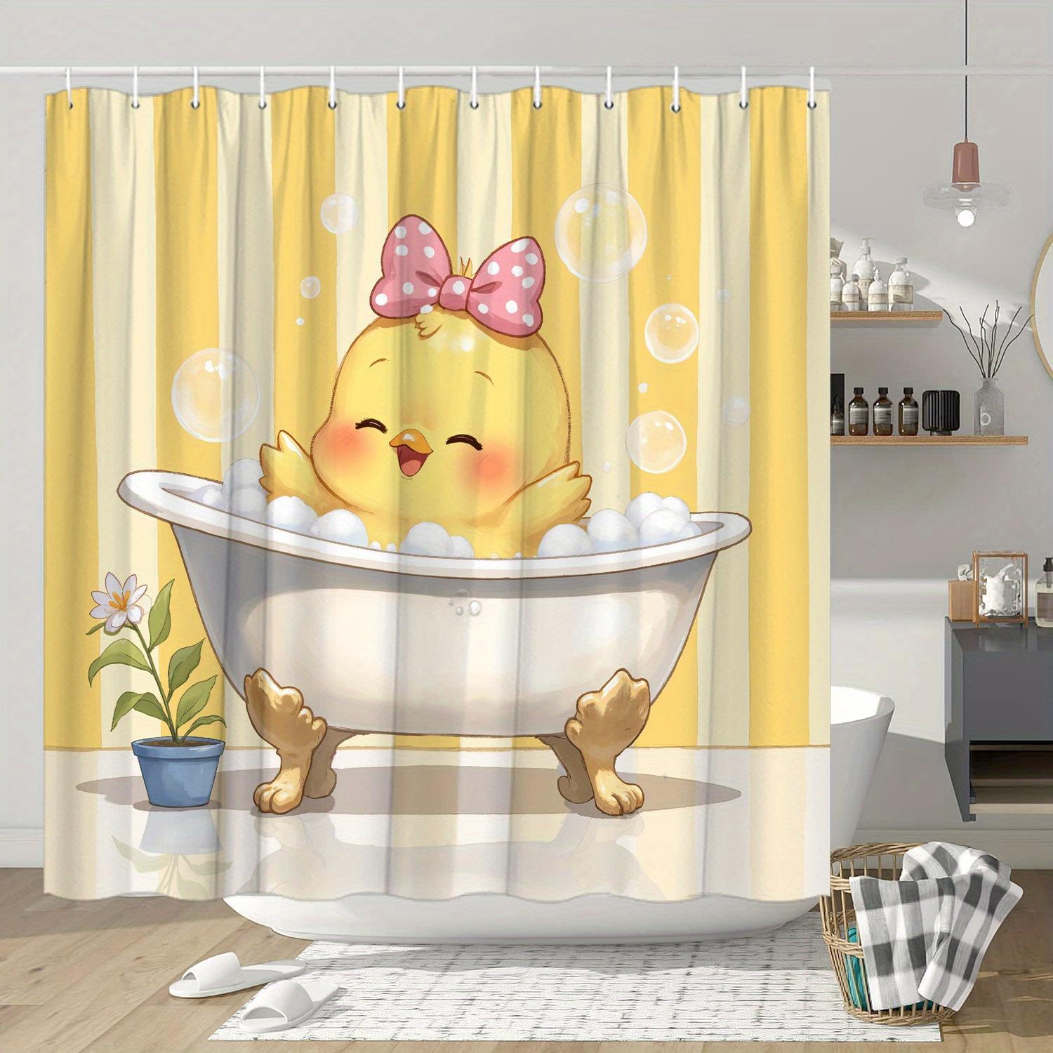 

Whimsical Chick Bath Curtain Vintage Clawfoot Bathtub Design With Yellow Background Pink Polka Dots Bow Soft Polyester Fabric, W60H190(CM)-1 Pcs