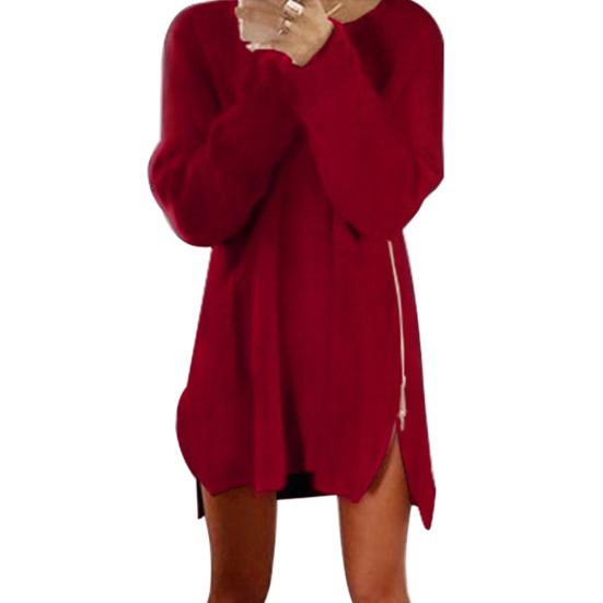 

Шикарное осеннее женское однотонное свободное платье-свитер с длинным рукавом и застежкой-молнией с боковым разрезом M вино красного