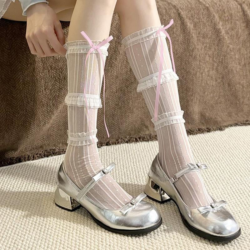 Sommer Lolita Damen Socken Süße Dreilagige Rüschen Spitze Netz Strümpfe für Damen Dünnes Netz Atmungsaktiv Hoher Schaft Schleifen Socken