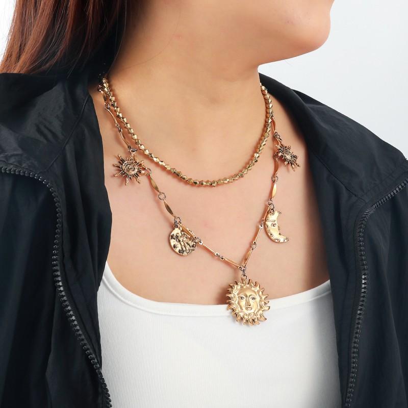Layered Geometric Pendant Necklace With Sun Moon Star Motifs Women - Gold Alloy Fashion Jewelry