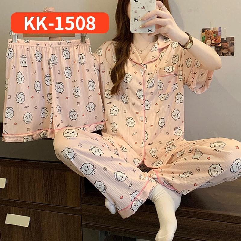 Retro Small Floral High-End Wrinkled Cloth Pajamas Women'S Summer Casual Homewear Short-Sleeved Three-Piece Set