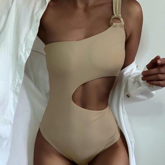 Women Bikini Solid Color Single Shoulder One-piece Temperament Openwork Swimwear for Beach