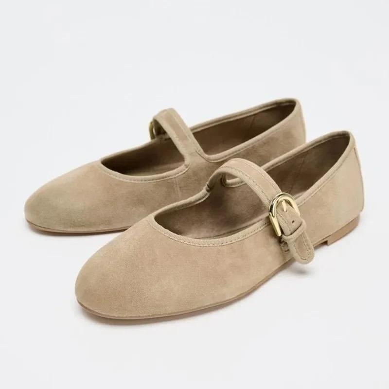 Cozy Faux Suede Brand Ballet Flats Women Fashion Round Toe Shallow Mary Jane Shoe Elegant Narrow Buckle Plus Size Designer Flats