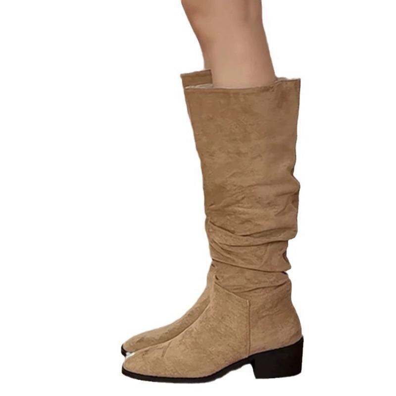 Wrinkled Boots Long Tall Boots Apricot Boots Autumn and Winter New Western Cowboy Boots Women's Boots Solid Color