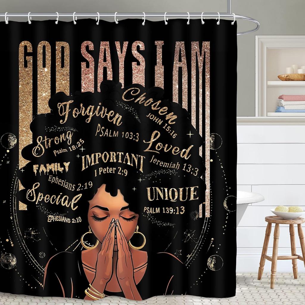 African American Flower Shower Curtain, Black Girl Marble Design, Inspirational Motivational Print, Waterproof Polyester