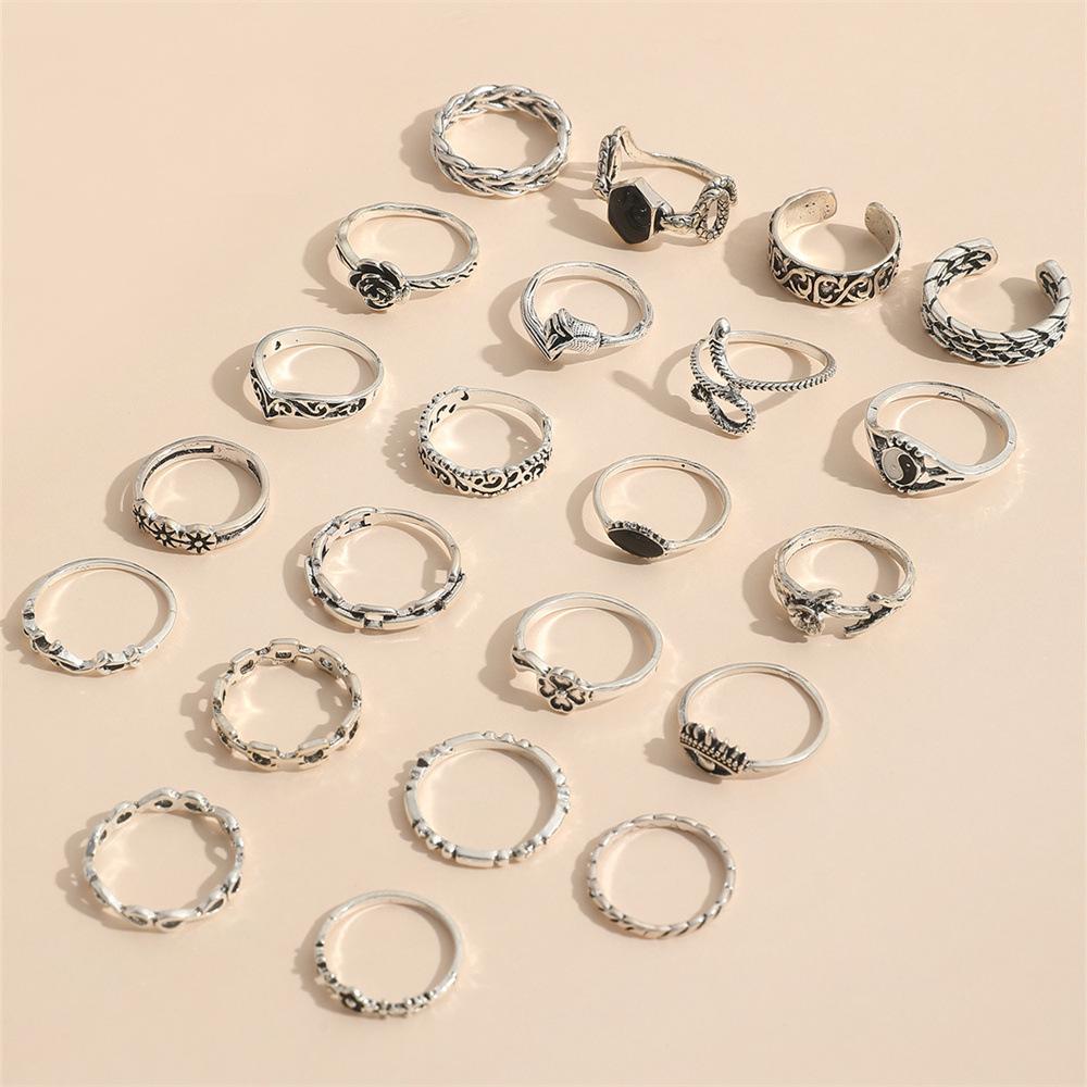 Women Bohemian Carved Unique Retro Flower Knuckle Rings Set 22 In 1