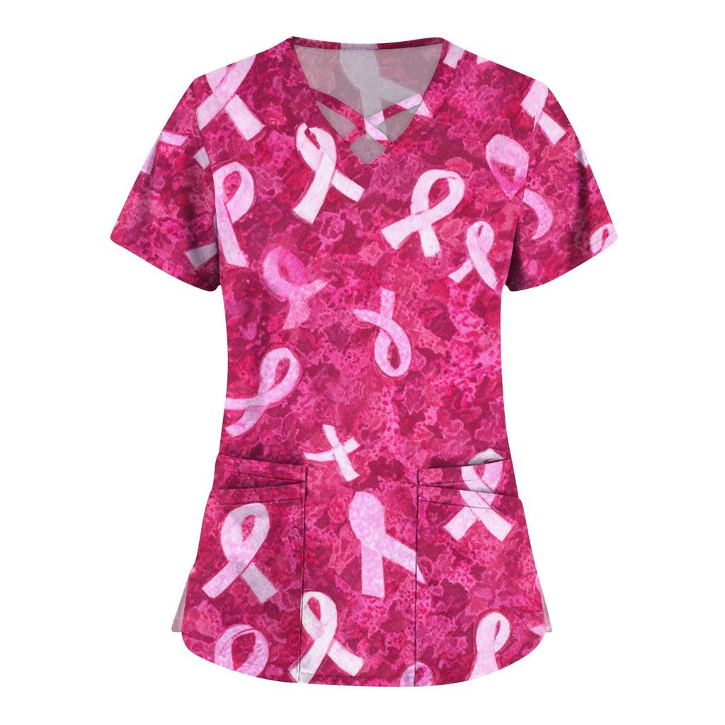 Dámská móda V-výstřih Krátký rukáv Kombinézy Kapsa s dvojitou vrstvou Tištěná trička Oblečení