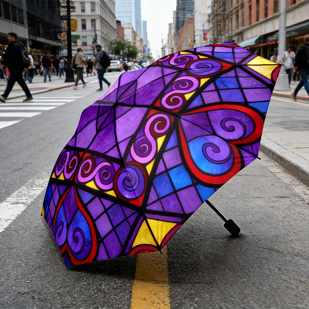 Modern Round Purple Stained Glass Hearts Purple Vintage-Style Stained Print Umbrella
