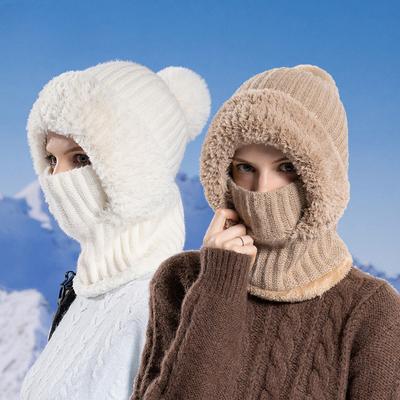 Damen Kapuzenmütze Winter Samt Gestrickte Sturmhaube Ohrenschutz Flauschige Mütze Damen Maske Hals Integrierte Warme Bedeckung Hüte