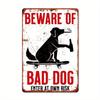 Humorous Vintage "Beware of Bad Dog" Metal Wall Sign - Rustic Iron Warning Plaque Distressed Finish & Skateboarding Dog Design
