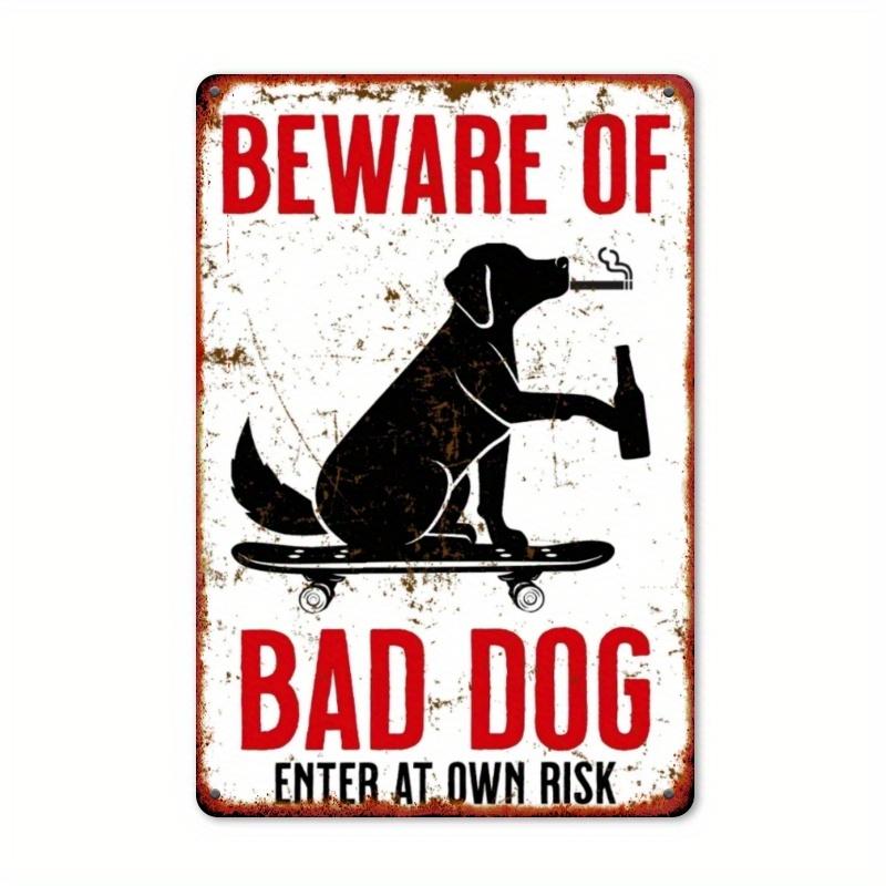 Humorous Vintage "Beware of Bad Dog" Metal Wall Sign - Rustic Iron Warning Plaque Distressed Finish & Skateboarding Dog Design