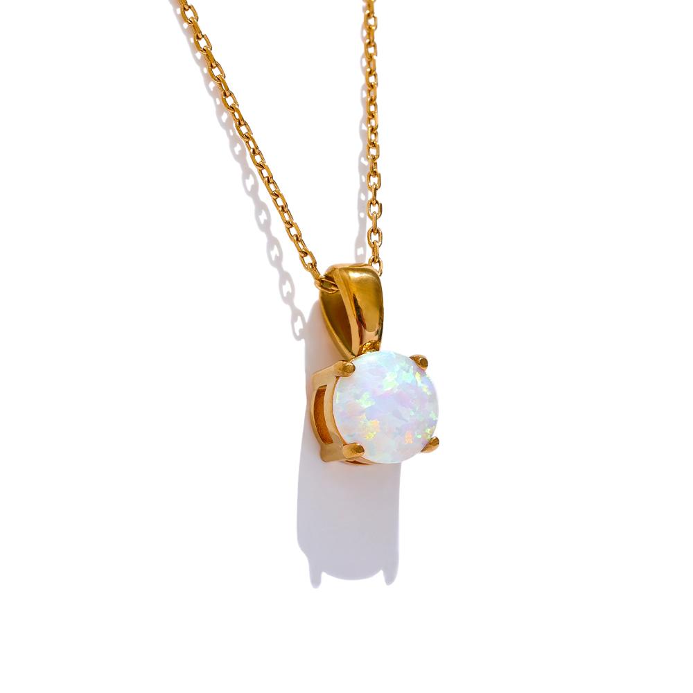 Yhpup Exquisite Round Opal Stone Pendant Necklace for Women Stainless Steel Korean Style Fashion Temperament Neck Jewelry