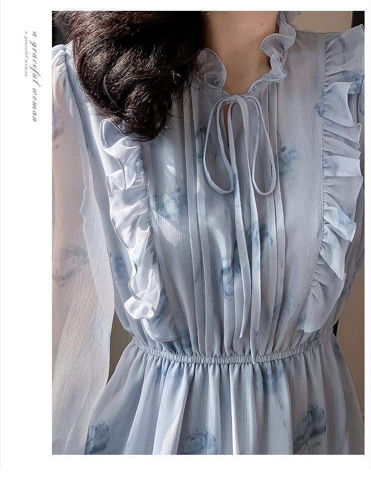 Spring French Luxury Long Chiffon Dress with Korean Ruffles and Elastic Waist for Women