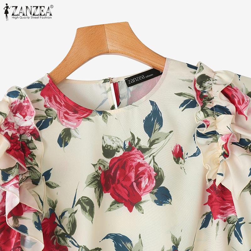 ZANZEA Women Casual Round Neck Floral Print Short Sleeve Blouse
