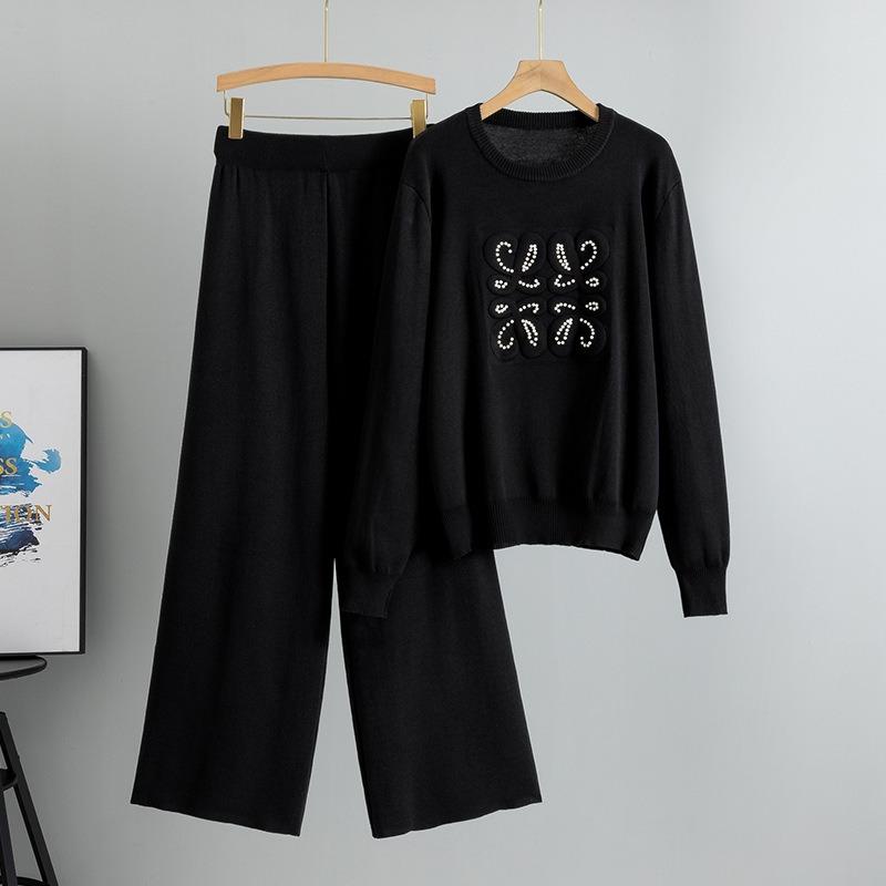 Plus Size Women's New Autumn Knit Sweater Wide Leg Pants Fashion Simple Temperament Two Piece Suit