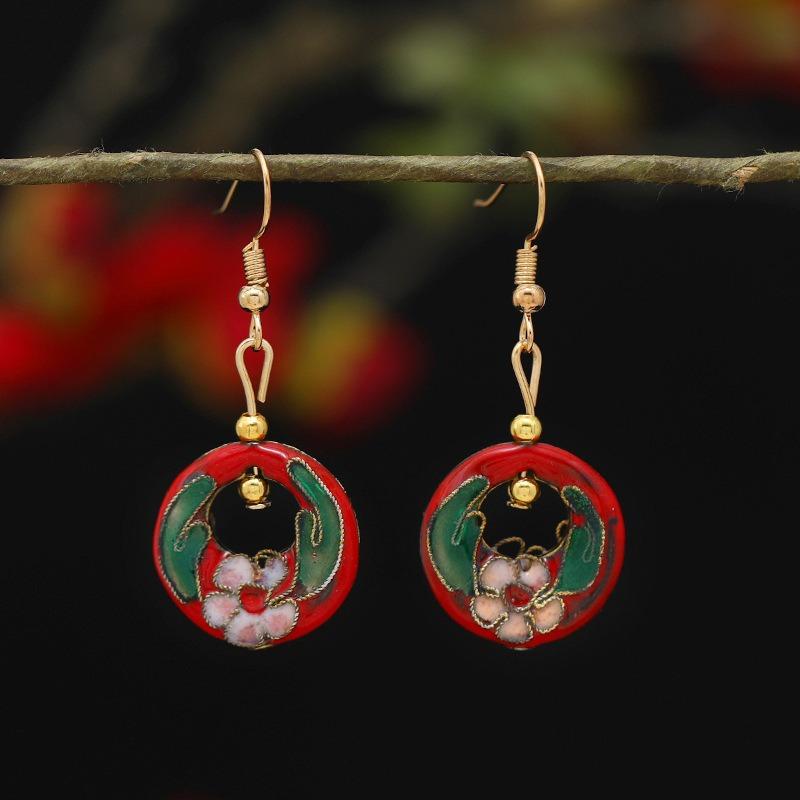 Chinese retro cloisonne enamel earrings female classical temperament simple flower earrings niche design earrings