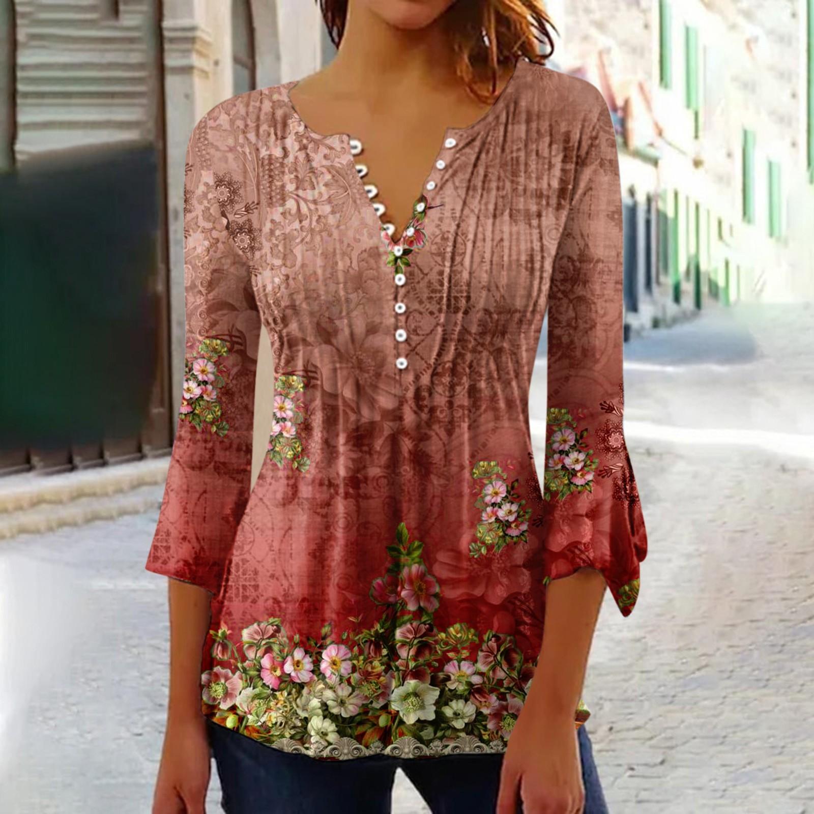 

Жіночі сорочки на ґудзиках Туніки з принтом Літні топи Одягнені повсякденні весняні блузки з рукавом 3/4 і V-подібним вирізом червоний