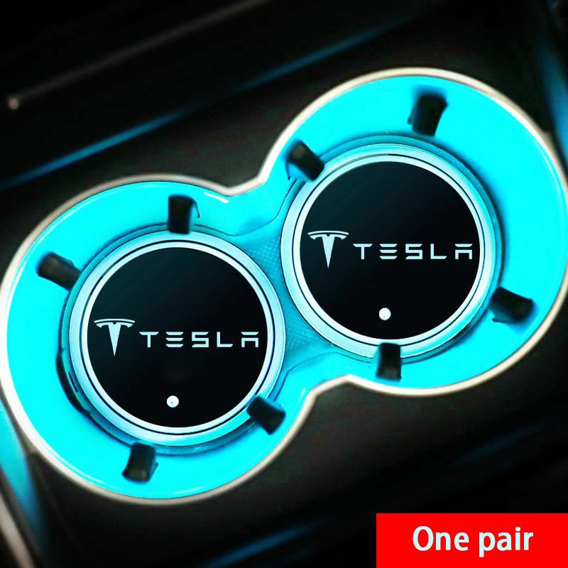 2Pcs 7 Colors Car LED Luminous Water Cup Pads Auto Coaster Mats for Tesla Model Y Model 3 Model S Model X Auto Accessories