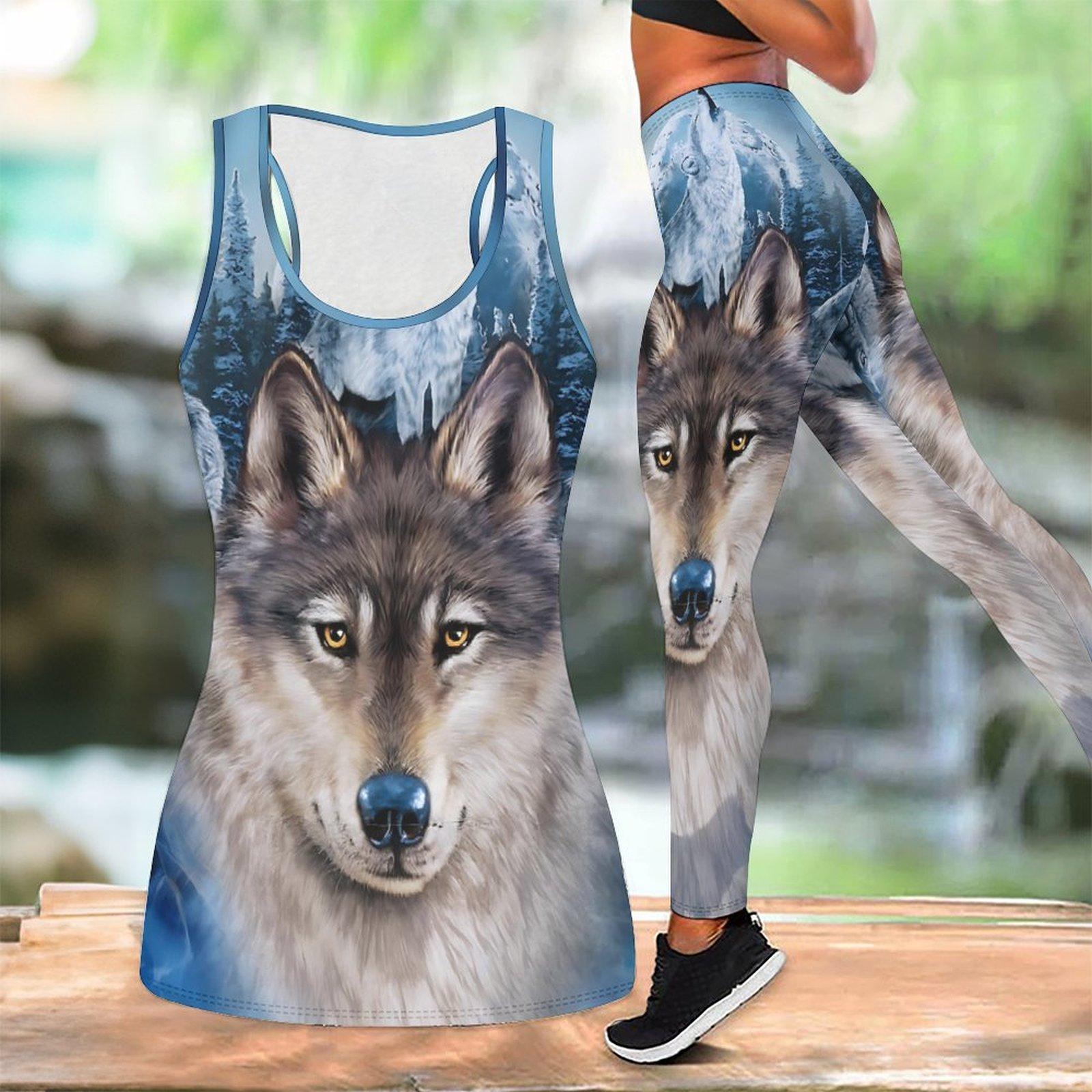 

Wildness Wolf Pattern Print Yoga Outfit for Women Fashion Workout Leggings Fitness Sports Casual Yoga Set Sports Suit 8XL темно-синього кольору